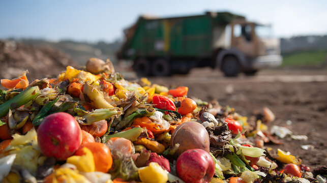 Abundant organic waste pile with vibrant decomposing fruits, vegetables, and food scraps, set against a blurred background of a large green garbage truck