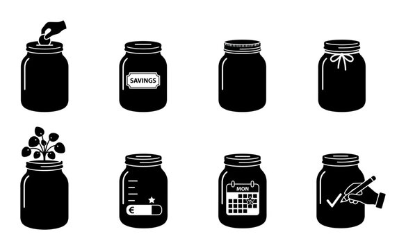 8 Money Jar silhouette icons coin hand plant calendar, solid black style, finance savings set