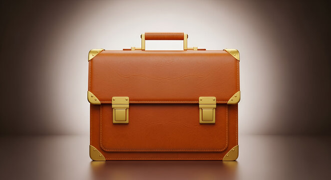 Classic Leather Briefcase with Golden Accents on a Reflective Surface.