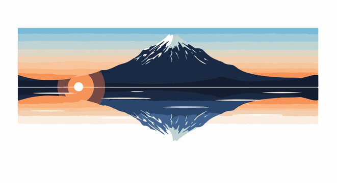 Serene mountain reflection at sunrise over calm water with pastel sky