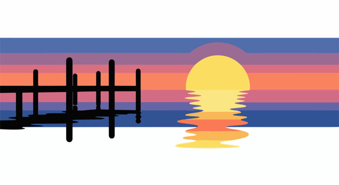 Silhouetted dock at sunset over calm ocean with reflection