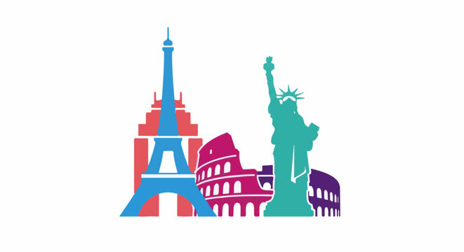 Silhouette icons of Eiffel Tower, Colosseum and Statue of Liberty