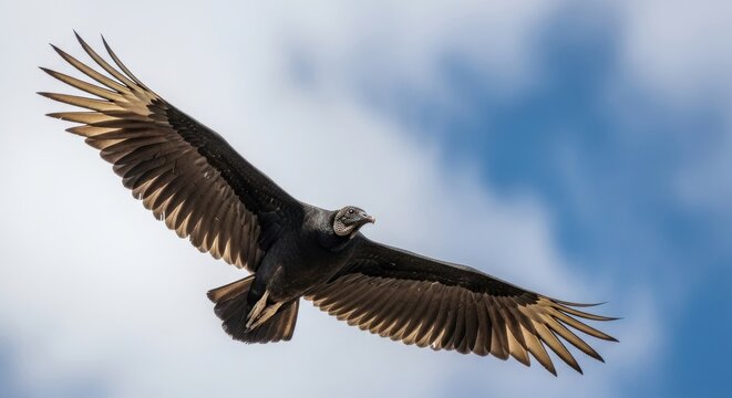 Soaring Black Vulture Against a Blue Sky Background.