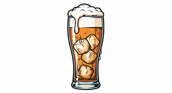 Refreshing cold beverage in a tall glass with ice cubes and foam