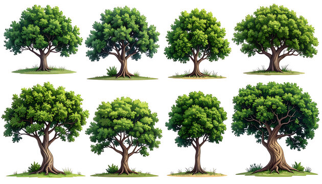 Collection of eight pixel art trees with lush green foliage and textured bark, isolated on a white background, representing nature and growth