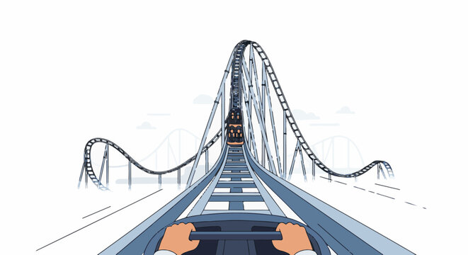 POV of hands gripping steering wheel on a roller coaster ascent
