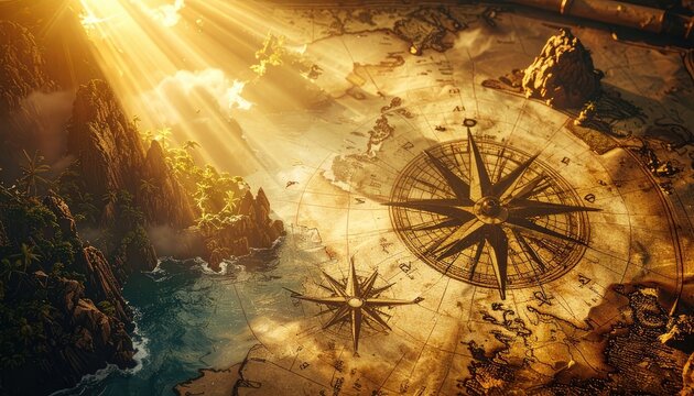 A dramatic, sunlit landscape merges with an antique map featuring intricate compass roses, evoking a sense of exploration and discovery.