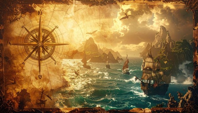 A fantastical, aged map depicts a vibrant seascape with sailing ships navigating through rocky islands under a dramatic sky, incorporating a detailed compass rose.