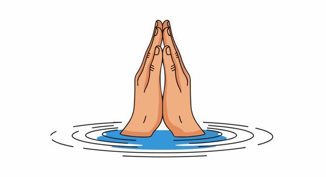 Prayer hands emerging from blue water with ripples, white background
