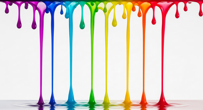 Dripping rainbow liquid paint forming smooth strands and droplet shapes, symbolizing creativity, fluidity, and vibrant expression
