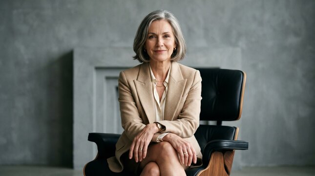 Mature Professional Woman Radiating Confident Serenity in Modern Executive Workspace for Leadership Concept