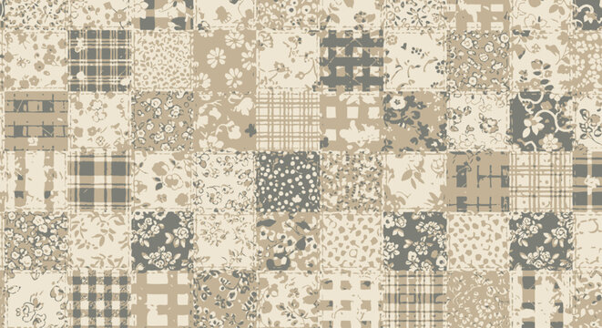Vintage style beige and black patchwork textile pattern with floral and geometric motifs.