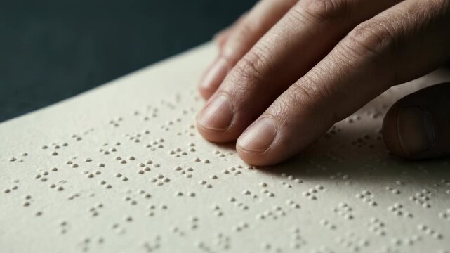 Close up of a blind person's hand reading braille text on white paper for accessibility and education