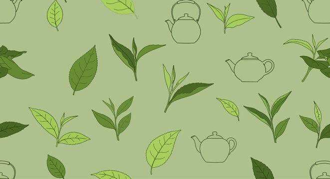Seamless pattern with green tea leaves and teapots on light background.