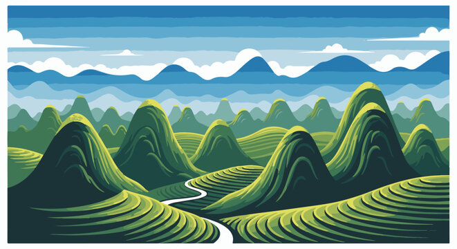 Pixelated rolling green hills with a winding white path under a blue sky