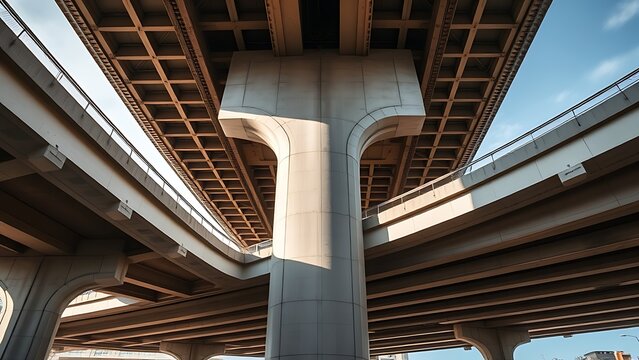 nationalizing. Massive bridge pillar supporting elevated roadway with architectural detail in daylight. real-estate listings.