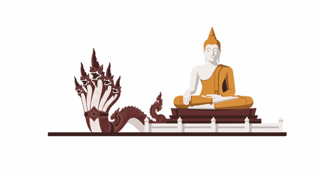 Seated Buddha beside a multi-headed Naga serpent on a dias