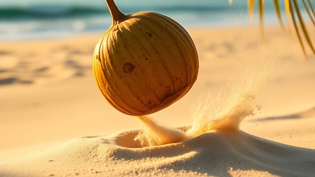 sedition. A ripe coconut falling onto soft sand, motion blur, sand spraying, beach at golden hour. travel magazines, destination branding, designed for outdoor magazines and nature guides.