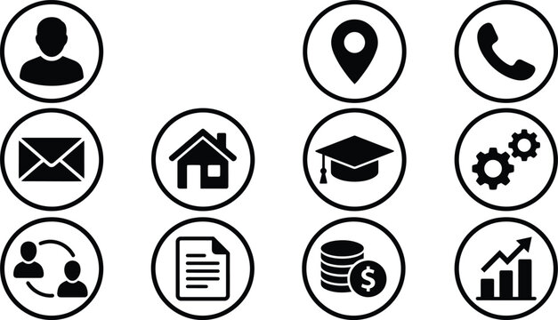 Black contact information icons set user profile location phone email and business graphics