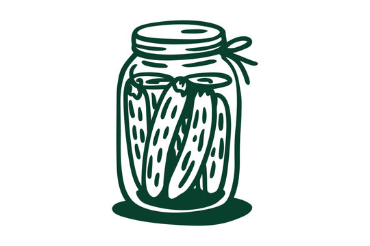 Green mason jar with pickled cucumbers tied with string bow