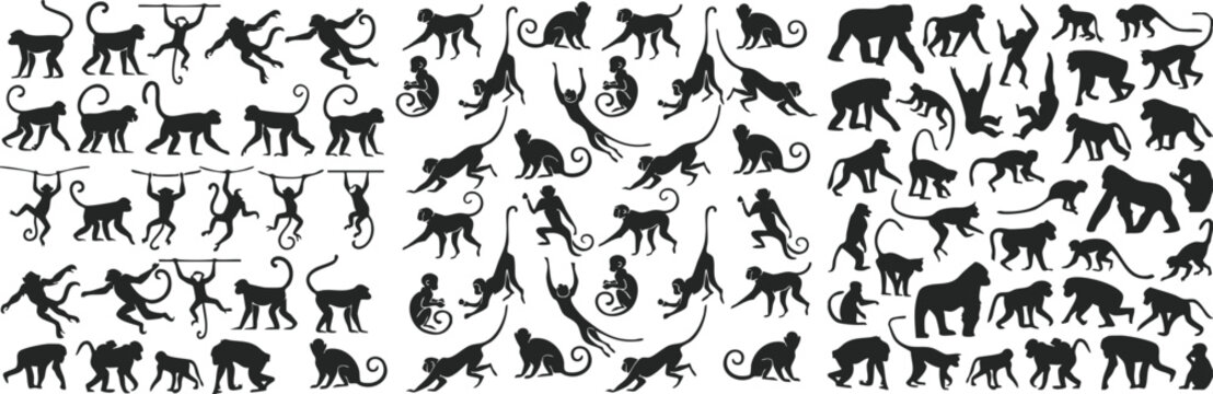 Monkey silhouette pattern with various poses climbing jumping sitting and hanging primate shapes clean flat vector illustration design on Transparent background