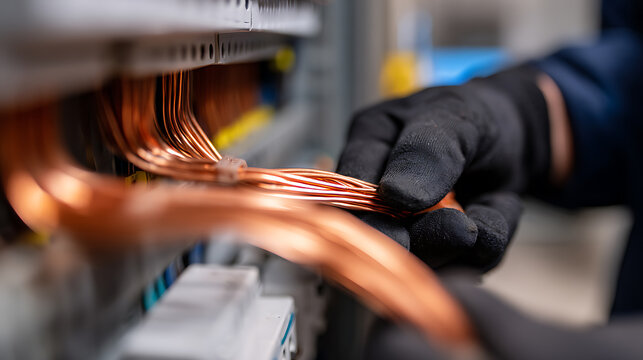 Skilled worker's gloved hand manipulates copper wires within an electrical panel, showcasing diligent precision and industrial expertise
