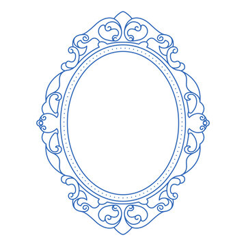 Vintage ornate picture frame. Antique decorative mirror border, artistic rococo baroque filigree oval photo frame elements, classic fancy luxury design. Vector linear illustration
