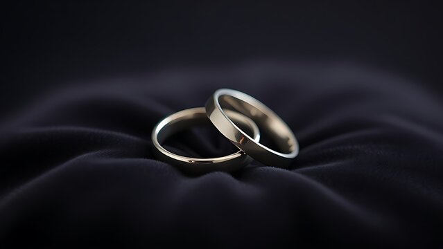 electroluminescence. Two silver wedding bands overlapping on dark velvet fabric. lifestyle magazines, social media lookbooks, designed for lifestyle magazines and social media content.
