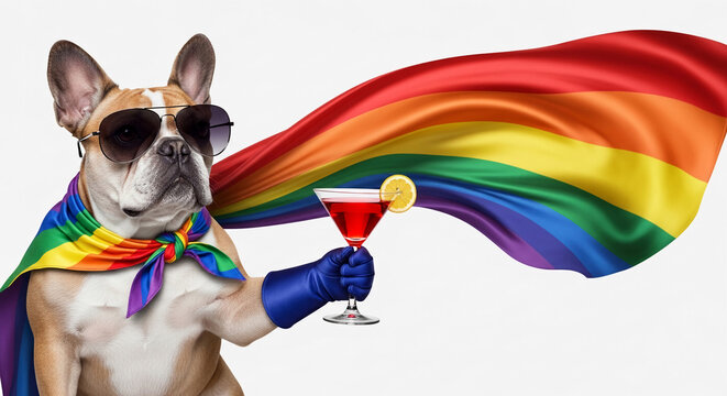 A French bulldog wearing sunglasses and a rainbow scarf holds a cocktail, with a flowing rainbow flag behind it, symbolizing pride and celebration