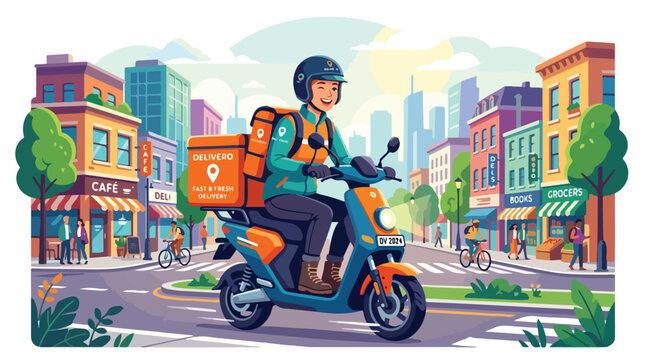 Fast Food Delivery Service Illustration with Scooter Rider in Cityscape Delivering Groceries and Cafe Orders