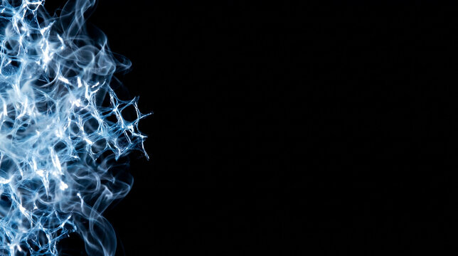 Ultra light aerogel structures and translucent smoke like solid filaments with highlights on the far left of a black studio background with copy space