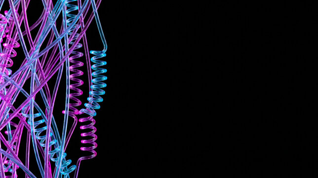 Self healing polymer chains and elastic molecular bridges in magenta and cyan clustered on the far left of a black studio background with copy space