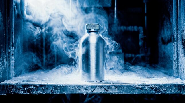 Frozen metal bottle, cryogenic storage, frosty steel canister, icy vapor