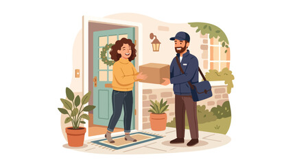 Fototapeta premium Friendly Delivery Service Concept with Courier Handing Package to Smiling Woman at Front Door Illustration