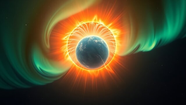 thermosphere. A painterly solar corona explosion with rippling aurora energy cascading toward a small blue planet. STEM education sheets.