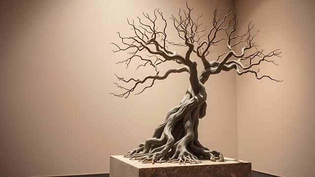steadiness. A symbolic tree sculpture with intertwining roots and branches on a stone pedestal. gardening catalogs, home-decor guides, designed for home decor and floral branding, celebrates nature.