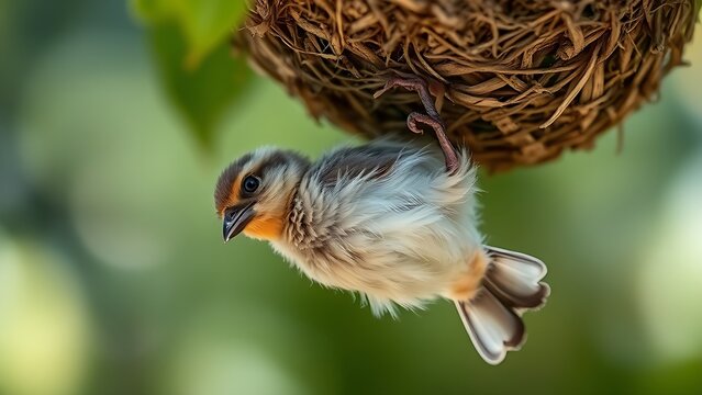 clumsily. A fledgling bird with ruffled feathers falling from its nest. wildlife magazines, conservation campaigns, designed for eco-tourism storytelling, used by food bloggers.