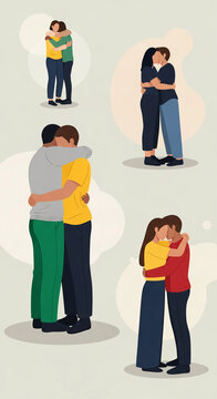 Illustrations of diverse couples embracing and kissing, symbolizing love, connection, and Valentine's Day celebration, with ample free space for text.
