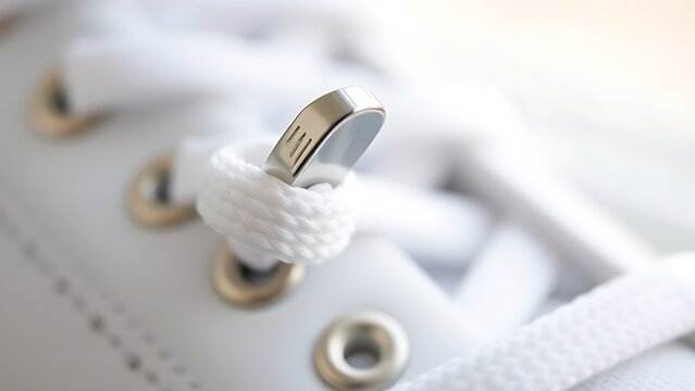 osmium. Polished metal aglet at the end of a white shoelace with metallic texture. lifestyle magazines, social media lookbooks, designed for lifestyle magazines and social media content.