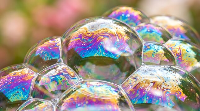 Iridescent soap bubbles with rainbow reflections, a close-up macro shot