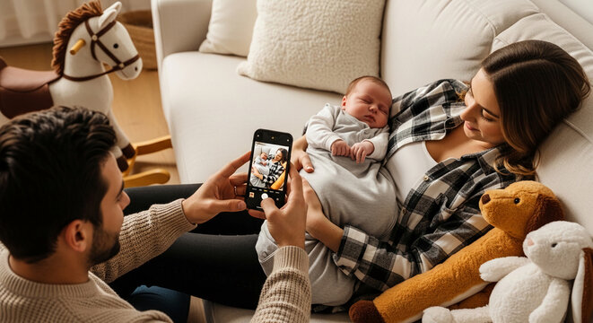 Family capturing a moment with a newborn baby on a sofa, showcasing parental love and connection, symbolic of new life and cherished memories
