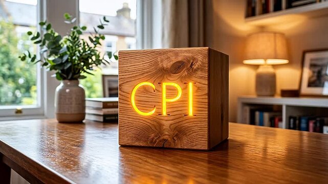 Wooden block with CPI letters on table highlighting geometric patterns and contemporary art