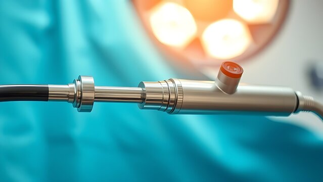 laparoscope. Slender laparoscope with polished metal surface reflecting light, on a medical tray with professional lighting. product launch decks.