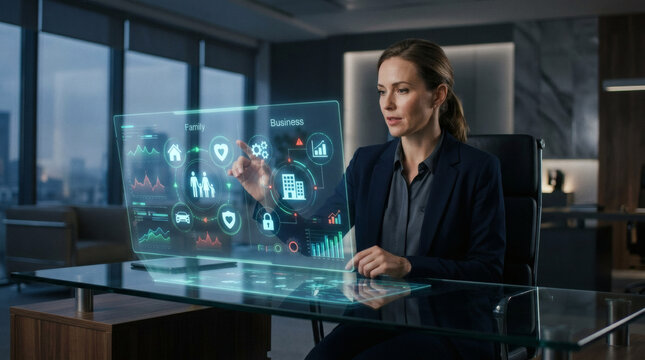 Insurance consultant analyzing family and business protection risks on futuristic holographic dashboard, secure financial planning environment, digital safety icons, modern office atmosphere, cinemati