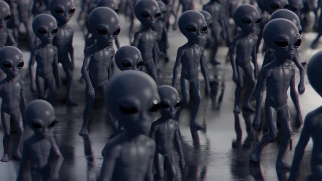 A hauntingly seamless loop 3d animation of a vast crowd of grey extraterrestrials with large black eyes walking purposefully across a cold, reflective metallic floor