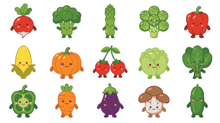 Fototapeta premium Set of Cute Vegetable Characters with Happy Faces, Kawaii Garden Vegetables Vector Illustration Stickers