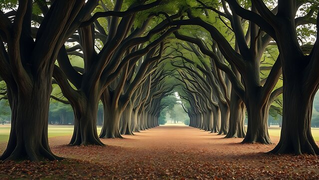 accuser. Avenue of ancient oak trees with a carpet of fallen leaves, dappled sunlight filtering through the canopy. travel magazines, destination branding, designed for travel destination branding.