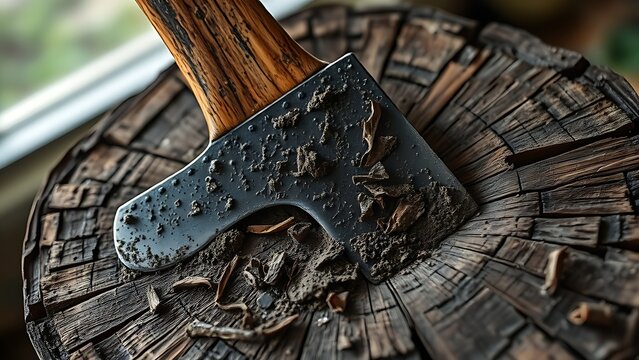 heft. Axe embedded in wooden stump with mud and bark fragments. safety posters, maintenance manuals, designed for precision metalworking and fabrication facilities.