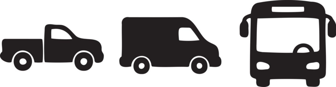 Black silhouettes of pickup truck, van, and bus