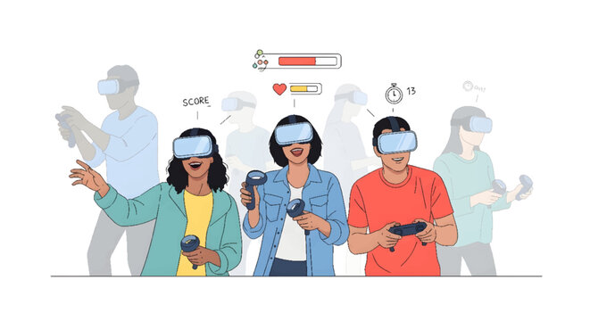 Diverse group of people enjoying virtual reality gaming, experiencing immersive technology and interactive entertainment together